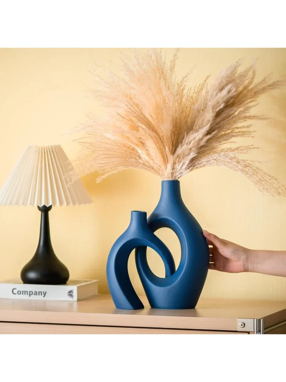 Navy Blue Hollow Ceramic Vase Set Of 2 Boho Tabletop Table Living Room Home Dec